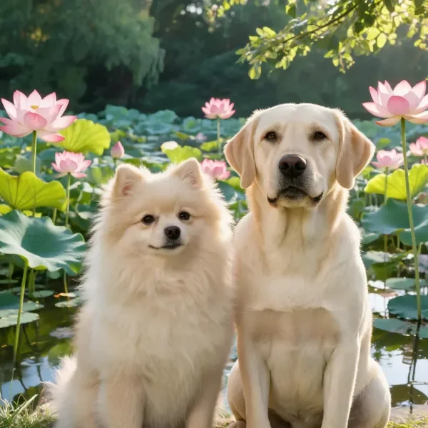 博美犬与拉布拉多犬并肩而坐，博美犬的毛发蓬松柔软，拉布拉多犬的皮毛厚实，周围有盛开的荷花。