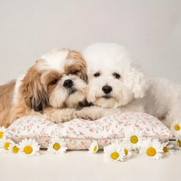 西施犬与比雄犬依偎在一起,蓬松柔软的毛发贴在带有碎花图案的软垫上,周围散落着白色雏菊。