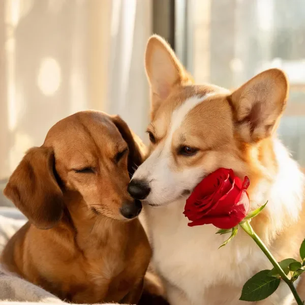 一只腊肠犬与一只柯基犬近距离互动,柯基犬嘴里衔着红色玫瑰花,腊肠犬双眼轻闭,呈现亲昵状态。