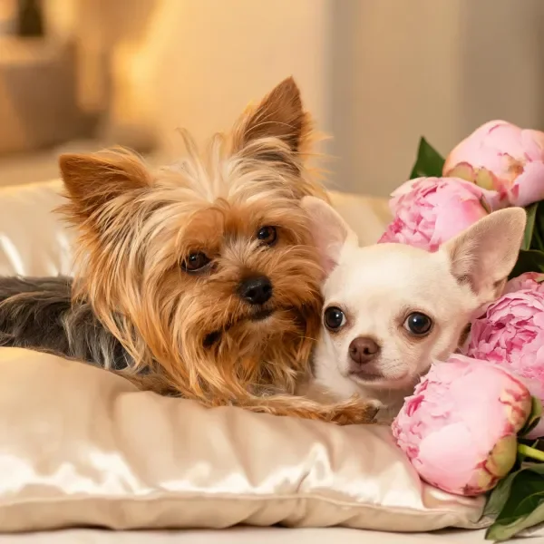 长毛约克夏犬与白色吉娃娃犬依偎在粉色牡丹旁,约克夏犬有蓬松的长毛,吉娃娃犬有着圆润的面部特征。