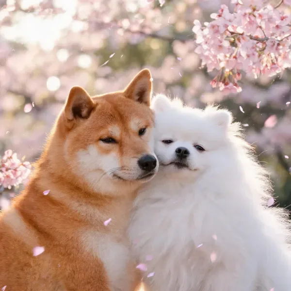 柴犬与博美犬依偎在一起，柴犬黄褐色毛发清晰可见，博美犬蓬松白色毛发贴附在柴犬旁。
