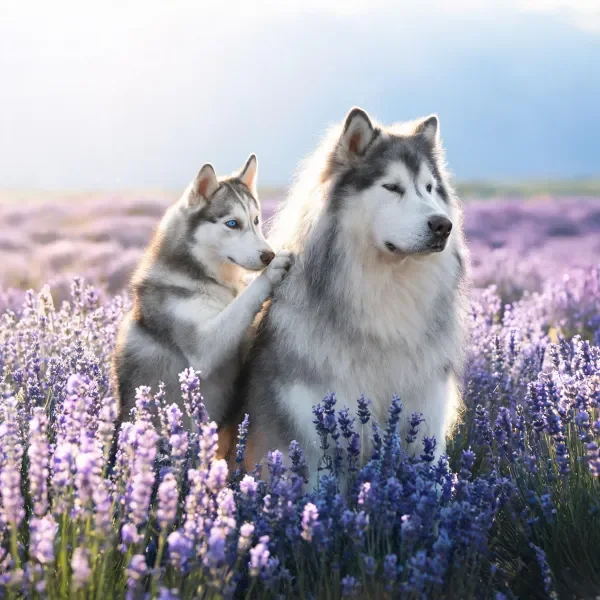 西伯利亚雪橇犬在薰衣草花田互动场景