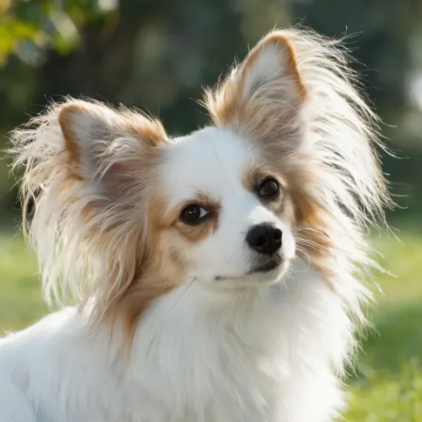 蝴蝶犬有着白色与浅棕色相间的毛发,耳朵处毛发蓬松且带有明显的绒毛质感。