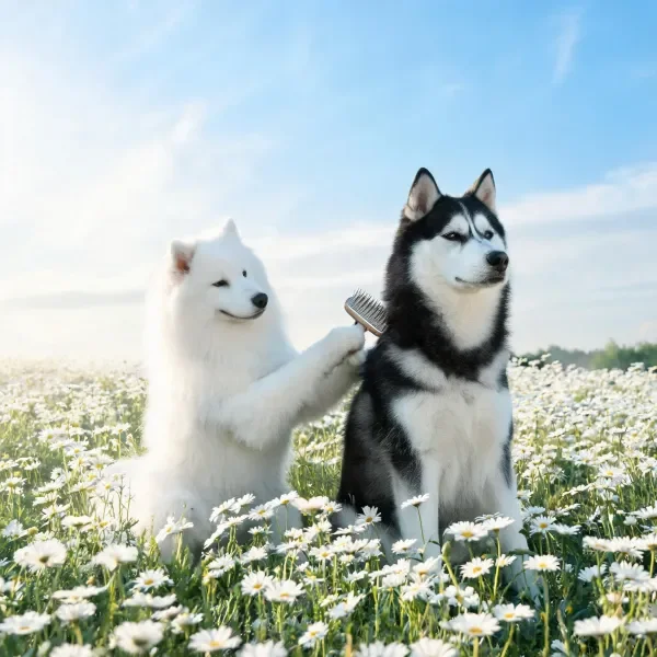 萨摩耶犬正在用梳子为西伯利亚雪橇犬梳理黑白相间的毛发，画面中两犬处于雏菊花田环境中。
