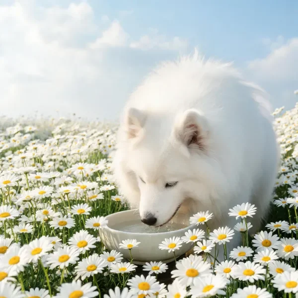 萨摩耶犬低头饮水，黑色鼻尖靠近浅色碗，周围环绕着白色雏菊。
