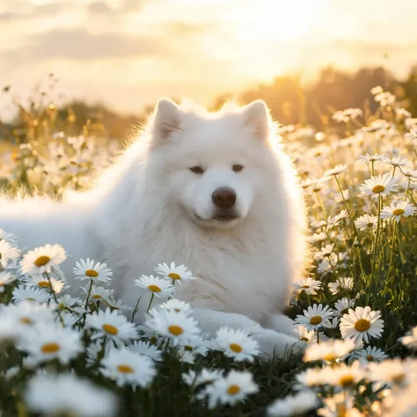 画面中一只西伯利亚雪橇犬，其厚密白色卷毛在阳光下显得柔软洁白，正安静地躺卧在盛开的雏菊丛中。
