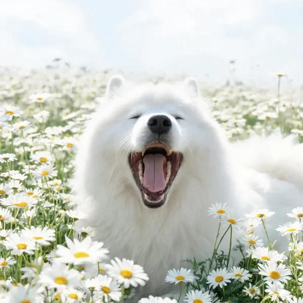 萨摩耶犬舒展姿态，嘴巴张开露出粉红色舌头，周围环绕着白色雏菊。
