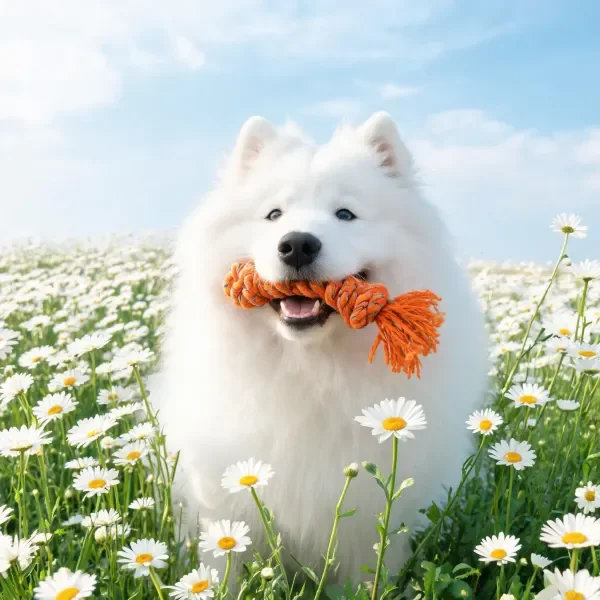 萨摩耶犬在雏菊花田中持橙色绳玩具特写