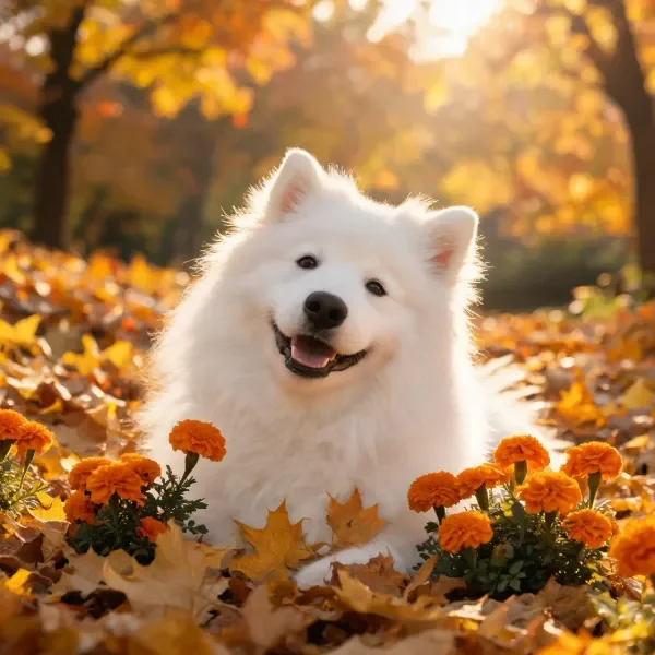 萨摩耶犬躺在秋日落叶与橙色万寿菊花丛中,白色蓬松毛发贴附在地面上,周围散落着枫叶。