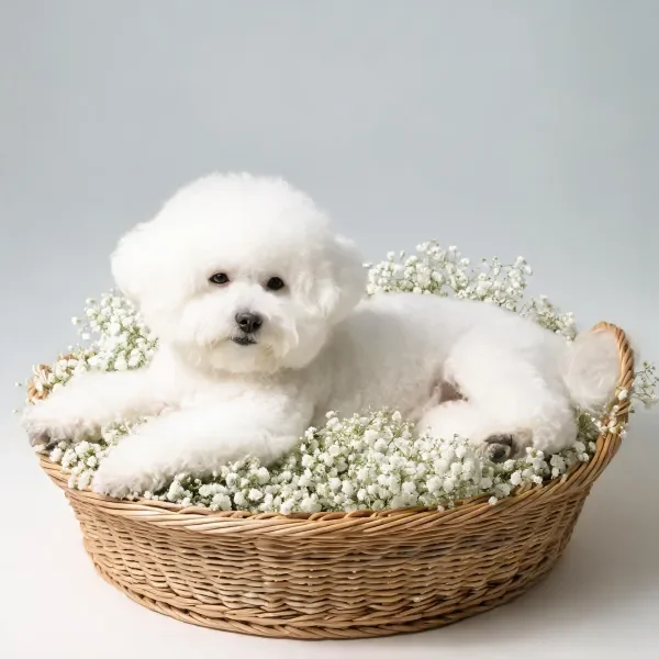 比熊犬有着浓密的白色卷毛，正安静地躺在满是满天星的花篮中。