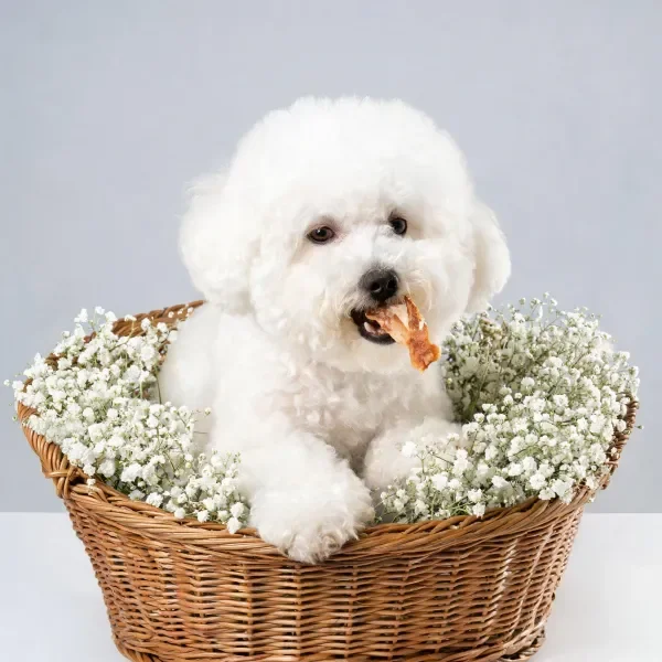比熊犬嘴里叼着食物,身处满是满天星的花篮中,白色卷曲毛发清晰可见。
