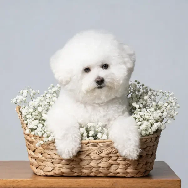 比熊犬坐在篮中，蓬松洁白的卷毛与篮内白色满天星形成鲜明对比。