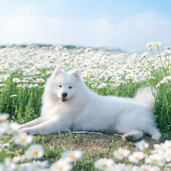 萨摩耶犬安静躺卧在雏菊花田中，蓬松白色毛发与周围雏菊形成鲜明对比。