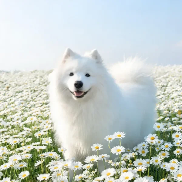 萨摩耶犬有着洁白的蓬松毛发，正站在满是雏菊的花田中，周围是白色的雏菊花朵。