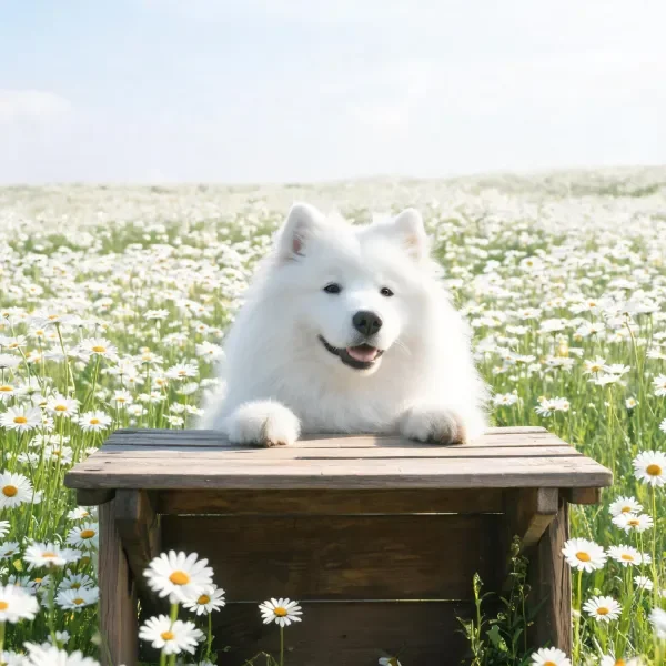 萨摩耶犬有着蓬松洁白的毛发,前爪搭在木桌上,面带温和神情。