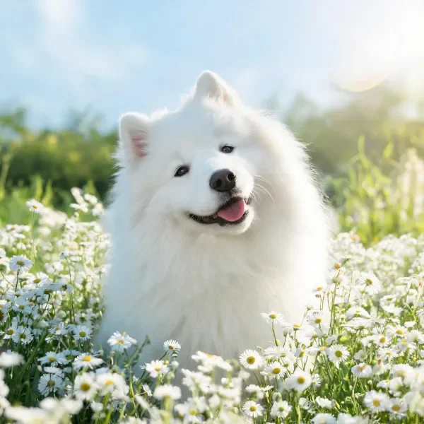 西伯利亚雪橇犬坐在盛开的白色雏菊花丛中,蓬松洁白毛发与周围花朵相融。