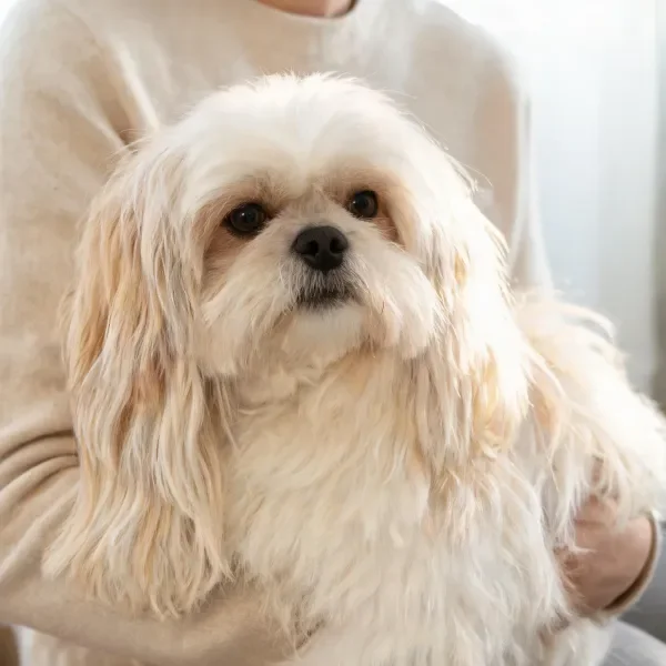 西施犬有着蓬松洁白的毛发,耳朵垂落至脸颊两侧,眼神明亮清澈。
