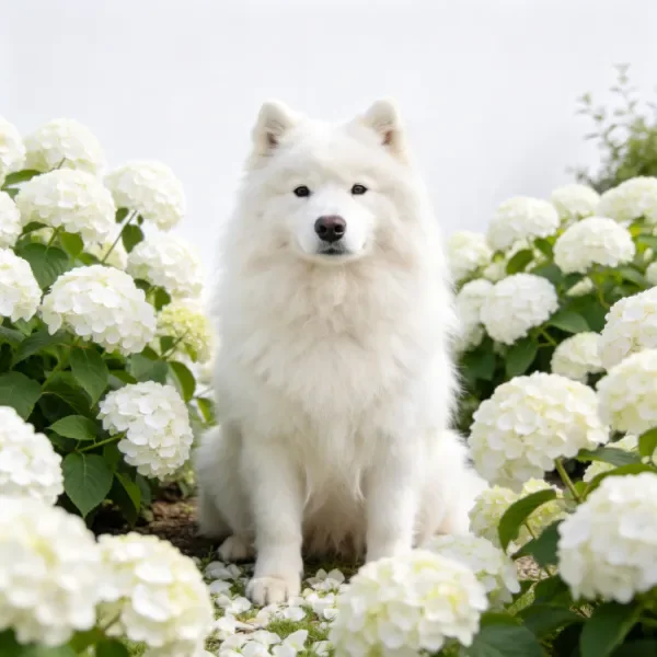 西伯利亚雪橇犬安静地坐在白色绣球花丛中,蓬松洁白的毛发清晰可见。