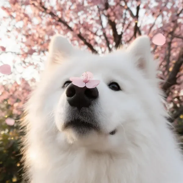 西伯利亚雪橇犬鼻端有一朵粉色小花,洁白的毛发与黑色鼻头形成鲜明对比。