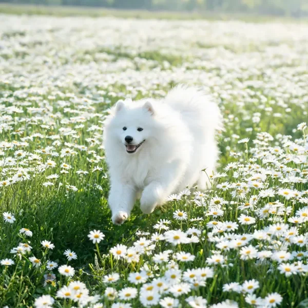 萨摩耶犬在雏菊花田奔跑
