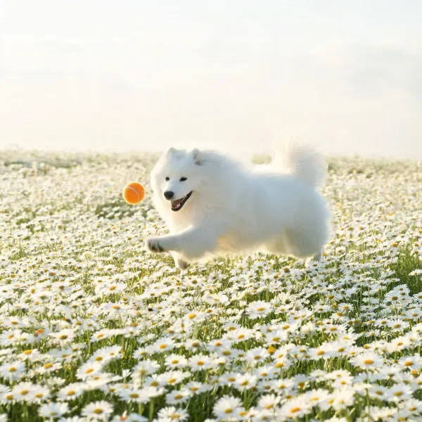 萨摩耶犬白色蓬松毛发在奔跑时微微扬起，正追逐空中的橙色网球。