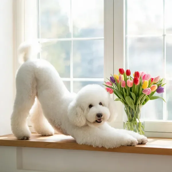 比熊犬白色卷曲毛发在光下显得蓬松柔软，前爪向前伸展的姿态清晰可见。