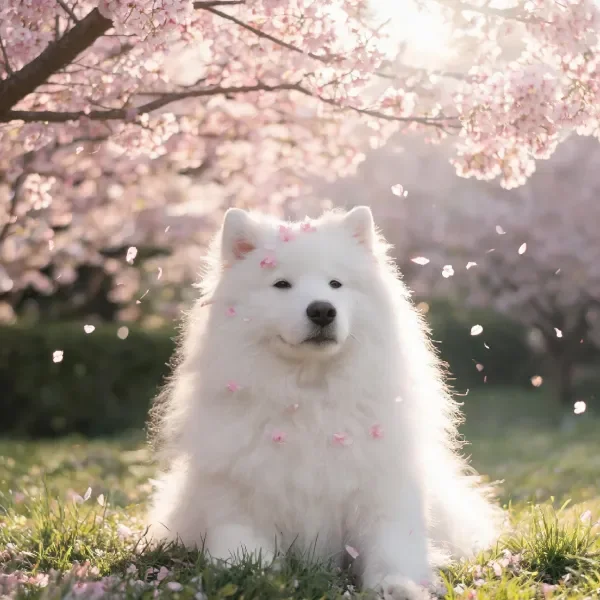 西伯利亚雪橇犬白色蓬松毛发上散落着粉色樱花瓣，安静地坐在樱花树下。