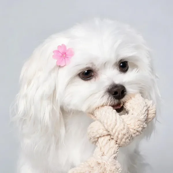 马尔济斯犬用嘴咬着浅米色编织绳玩具，头部佩戴粉色小花，白色丝质毛发柔顺整洁。