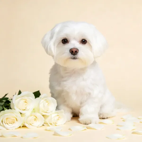 白马尔济斯犬与白色玫瑰花束静物摄影