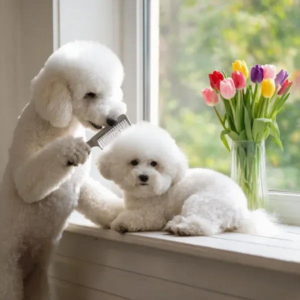 阳台上的比熊犬互动场景