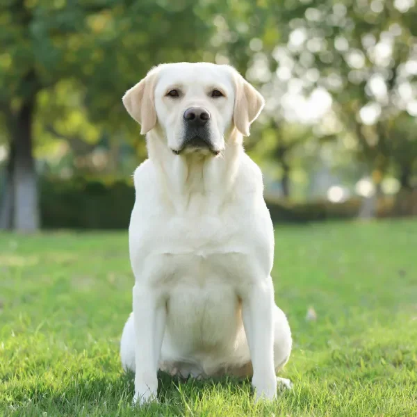 一只毛色洁白的拉布拉多猎犬安静地坐在绿色草地上,蓬松柔软的毛发在光下清晰可见。