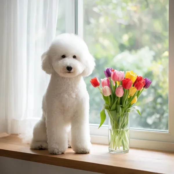 比雄犬安静地坐在窗边,身旁透明花瓶里的郁金香色彩丰富,柔和光线照亮其蓬松白色毛发。