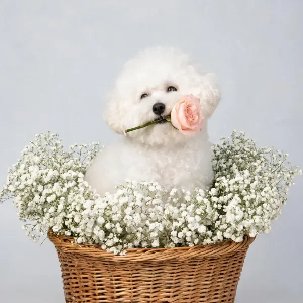 比熊犬有着洁白的蓬松卷毛，嘴里叼着浅粉色玫瑰花，坐在满是白色满天星的花篮中。