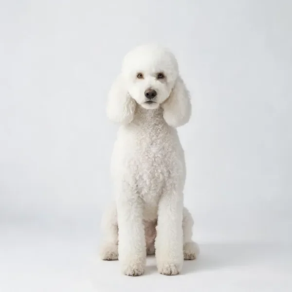 贵宾犬有着卷曲蓬松的白色毛发,耳朵下垂,眼神温和。