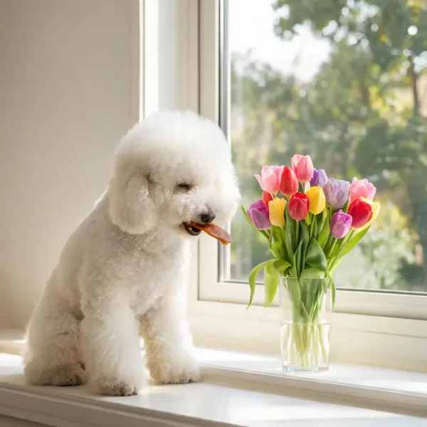 比熊犬窗台旁的花卉特写
