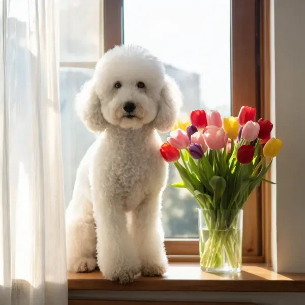窗边坐着一只毛发蓬松洁白的贵宾犬，身旁透明花瓶里插着色彩丰富的郁金香，狗狗眼神温和注视前方。