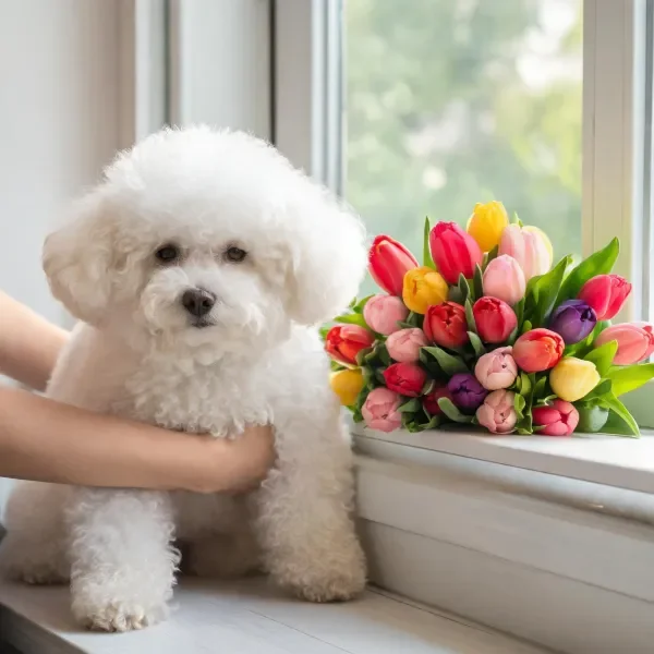 比熊犬有着蓬松洁白的卷曲毛发,安静地坐在窗边,身旁是色彩绚丽的郁金香花束。