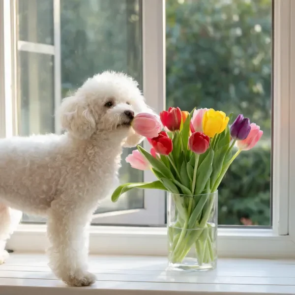 比熊犬用鼻尖轻触粉色郁金香，蓬松白色卷毛与鲜艳花朵形成对比。