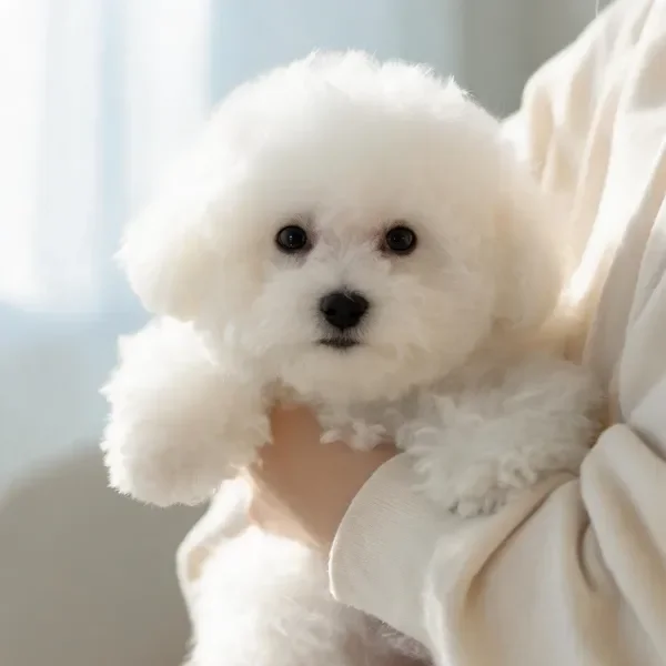 比熊犬被轻柔托举,洁白蓬松的毛发清晰可见,黑色鼻头与白色毛发形成对比。
