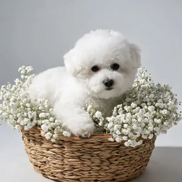 一只卷毛比熊犬安静(带有柔软白色卷毛，正安静地处于藤编篮内，周围环绕着大量白色满天星花卉。