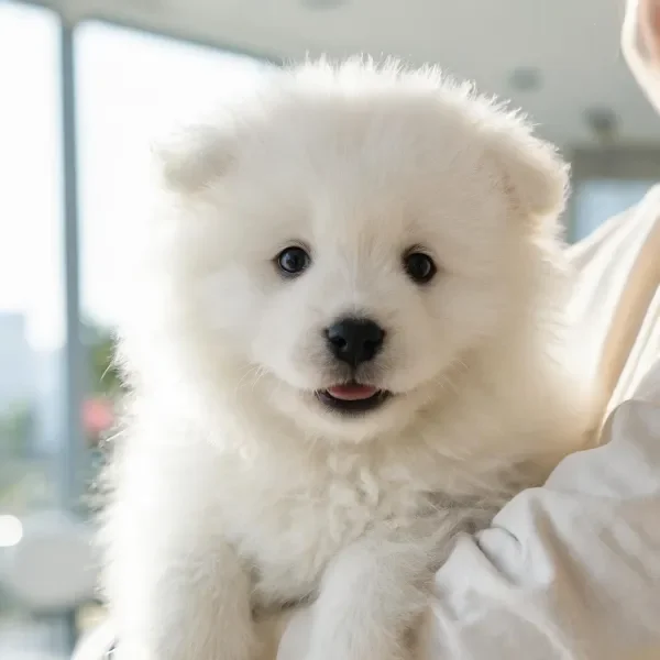 室内托举状态下的白色萨摩耶幼犬特写