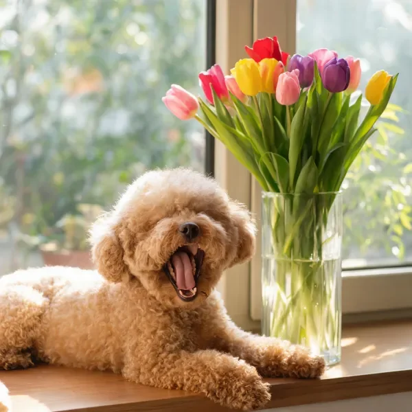 贵宾犬嘴巴张开打哈欠的姿态,身旁是色彩丰富的郁金香花束,毛发蓬松柔软。