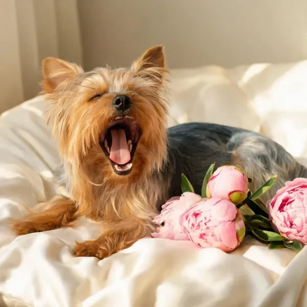 阳光下约克夏梗犬与粉色牡丹同框