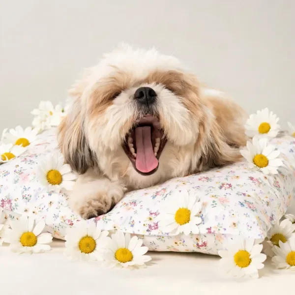 西施犬打哈欠时露出粉红色的舌头，周围环绕着白色雏菊。