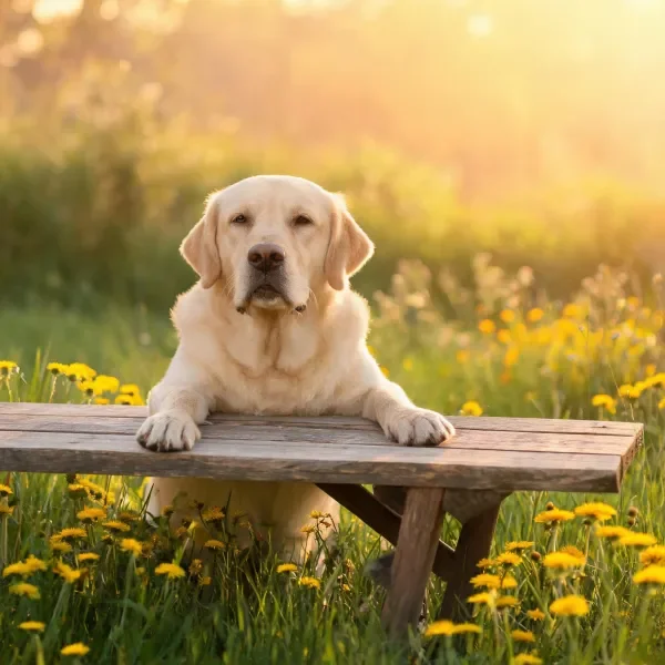 拉布拉多犬趴在木板上,浅黄色毛发柔软,周围有黄色小花。