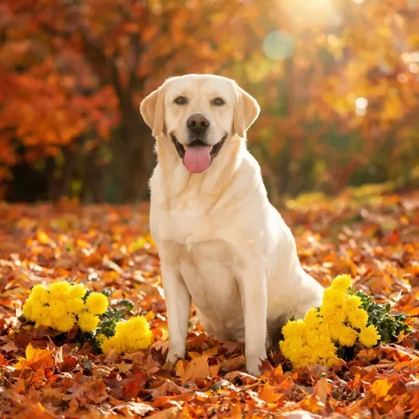 一只拉布拉多猎犬正坐在满是秋叶的地面上,它白色的毛发与周围金黄的落叶形成鲜明对比,粉红色的舌头伸出。