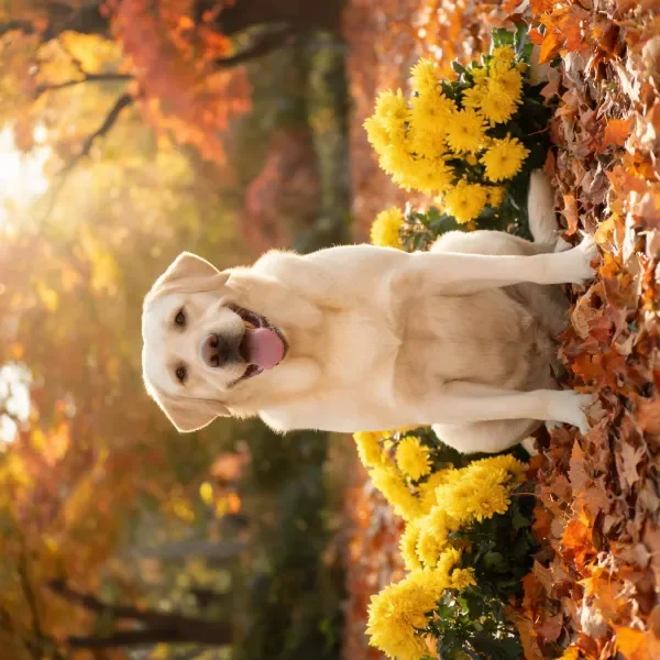 一只浅黄色的拉布拉多犬嘴巴张开吐舌站立秋日落叶和黄色菊花旁,毛发短而顺滑。