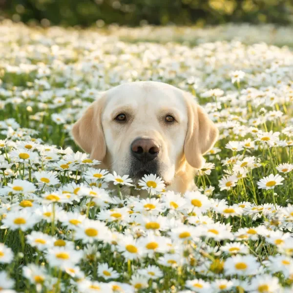拉布拉多犬安静坐在雏菊花海中,浅黄色毛发与白色雏菊形成鲜明对比。