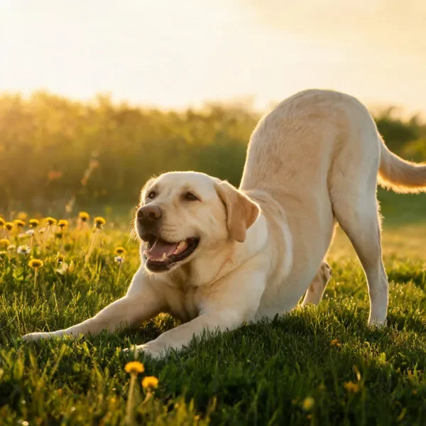 拉布拉多猎犬在阳光下的草地伸展伸展姿态,浅黄色皮毛柔软顺滑。