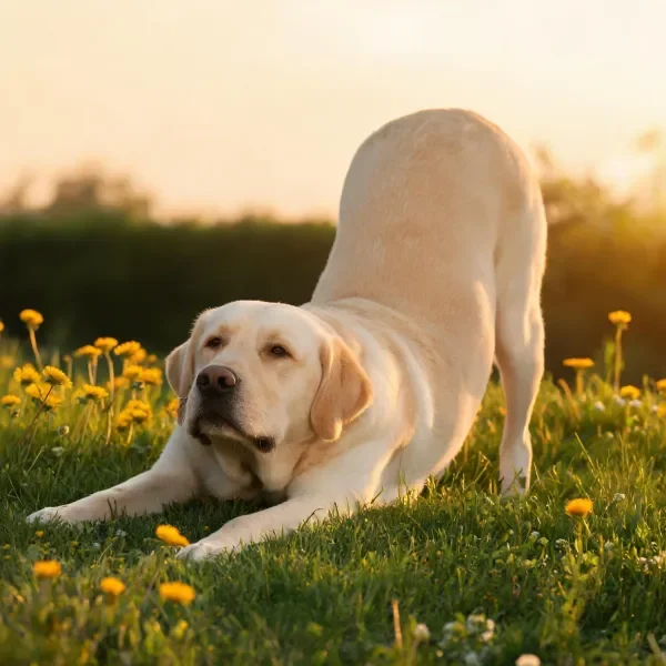 拉布拉多犬浅黄色毛发柔软贴附在草地上，周围环绕着明黄色小雏菊。
